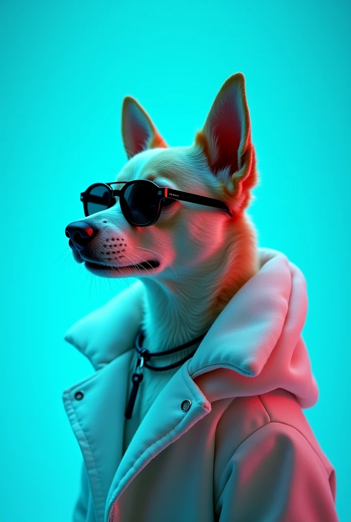 The best cell phone wallpaper, Award-Winning Wallpaper, portrait photography, In the front view is a portrait of a cute dog wearing mid-1960s space age fashion, Side view photo, Shot with Canon EOS R5, Set a strong contrast that accentuates the subject, Fluorescent blue tone, Wearing a very modern coat and sunglasses is a modern 1960s style, Clothes all in one color, beautiful background