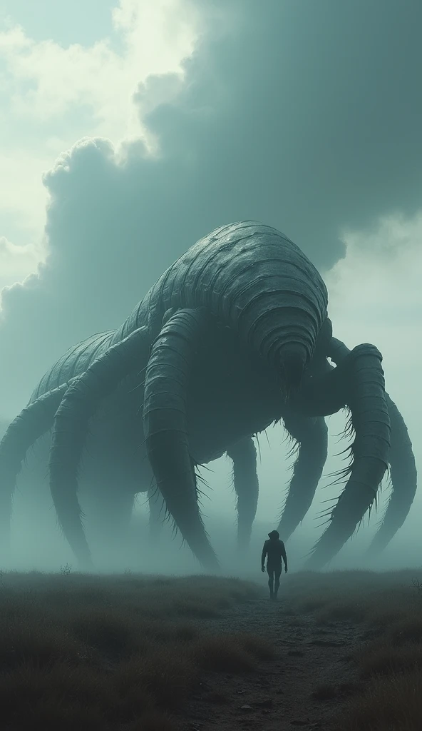 Gigantic centpede walking across a plain in the distance amid fog, haze, haze, dark clouds, grimdark ,supense, monstr, unearthly, octan render, engine unreal, photorrealistic, hyper realism, highy detailed, high qualiy, intrincately detailed,Volumetric lighting, full character, 4K, ,hard disk ,Full HD, 8k, RTX, high resolution, detailed shadows, incredibily detailed, perfect, Dramatic scale