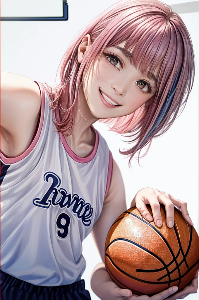 (((Frame In、Pure white wall background、Highest quality、8k、32K、masterpiece)))、(Realistic)、(Realistic:1.2)、(High resolution)、Very detailed、Very beautiful face and eyes、1 person、Round and small face、Tight waist、Delicate body、(close、Highest quality、Attention to detail、Rich skin detail)、(Highest quality、8k、Oil paints:1.2)、Very detailed、(Realistic、Realistic:1.37)、Bright colors、(((Pink Hair)))、(((Pink Hair)))、(((Cowboy Shot)))、(((Bob Hair)))、(((The bangs are uniform)))、(((Pure white wall background)))、(((Wearing a basketball uniform)))、(((black basketball outfit)))、(((smile)))、(((1 female)))、(((Tank top style uniform)))、