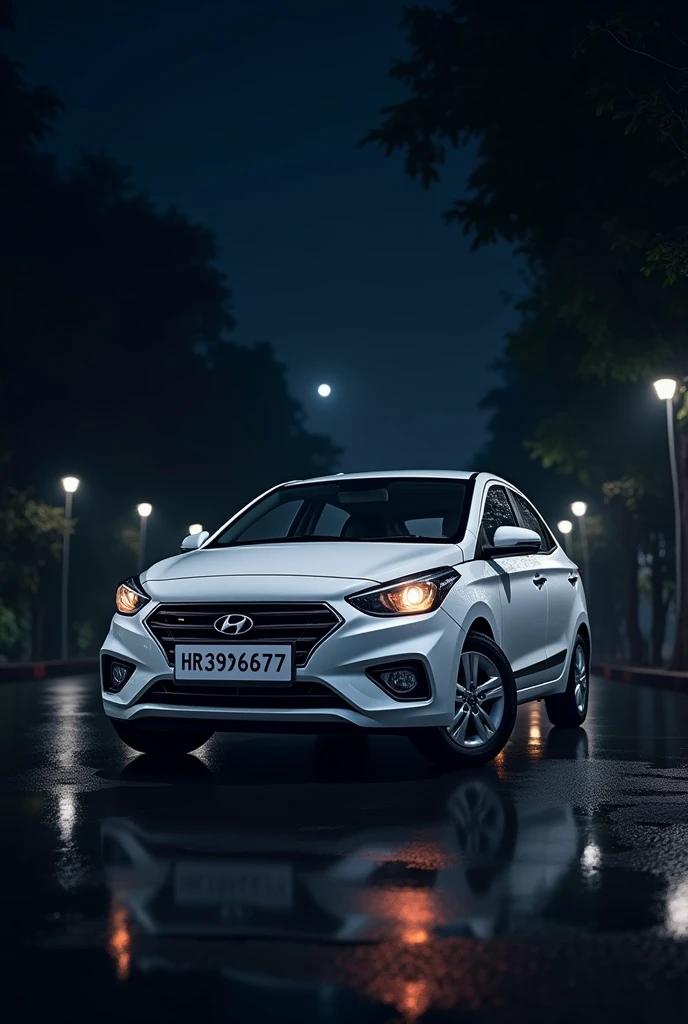 White Hyundai xcent vtvt car with number plate HR39D6727 in night