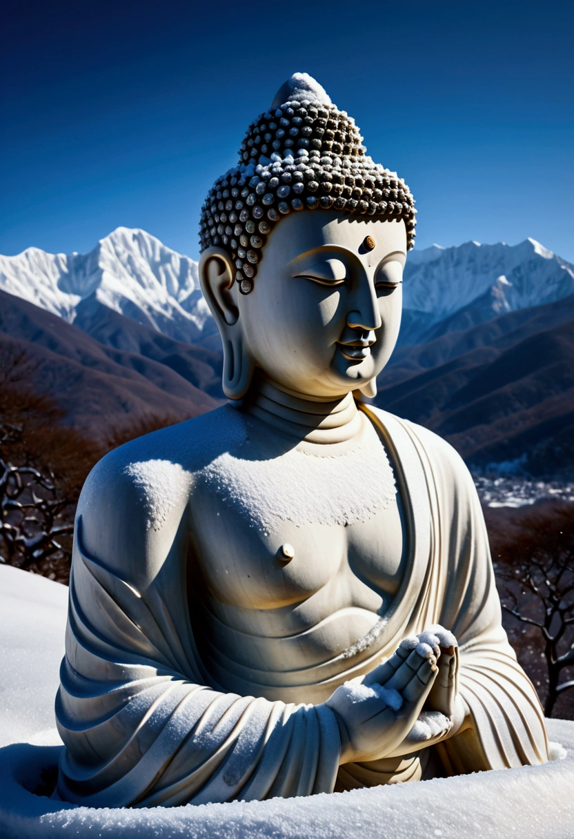 (Buddha Statue), At the top of the snow capped mountain, a Buddha statue is covered in pure white snow, revealing only a part of its face and body posture. The Buddha statue displayed a tenacious spirit in the cold. The colors are mainly white and cool tones, and the light and shadow are mainly reflected by the snow capped mountains. The details are reflected in the outline of the Buddha statue in the snow and the texture of the ice crystals. Beautiful cinematic lighting, surreal, color graded, dynamic movement, captivating chiaroscuro, full body, award-winning, cinematic still, emotional, vignette, dynamic, vivid, (masterpiece, best quality, photorealistic, Professional, perfect composition, very aesthetic, absurdres, ultra-detailed, intricate details:1.3)