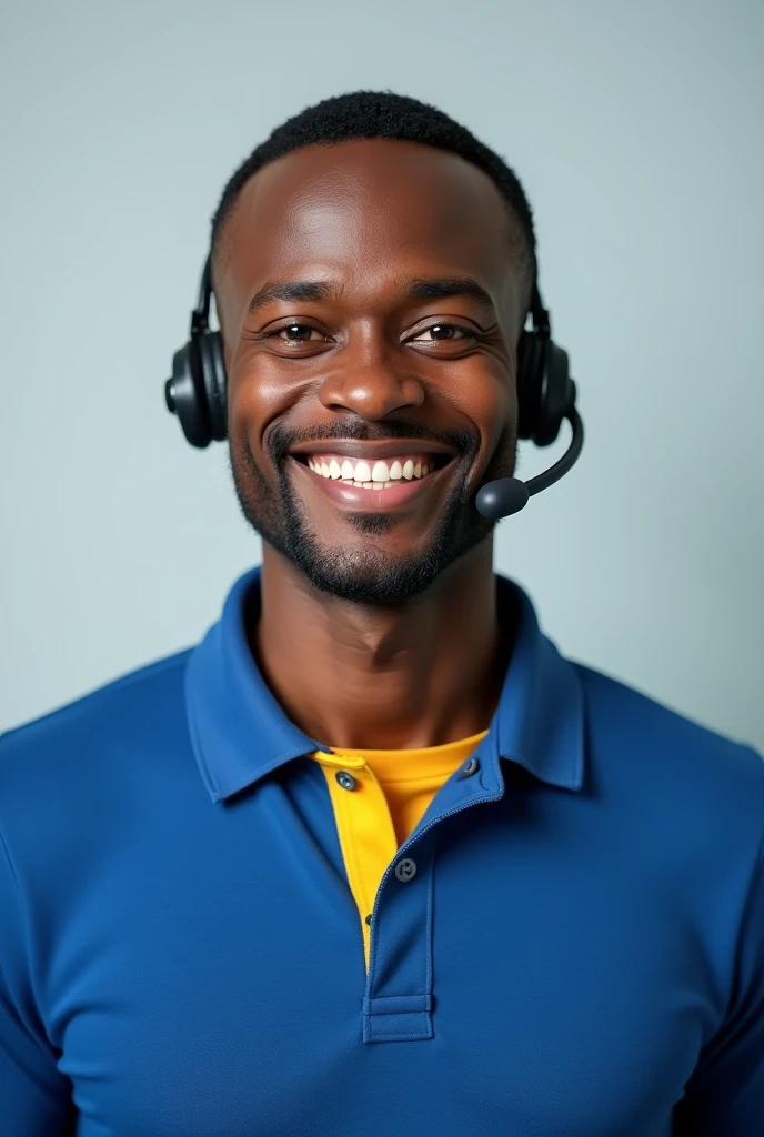 Black adult man, with little hair, Cao Cao, small smile, with lapel headset, wearing blue polo shirt with yellow collar 