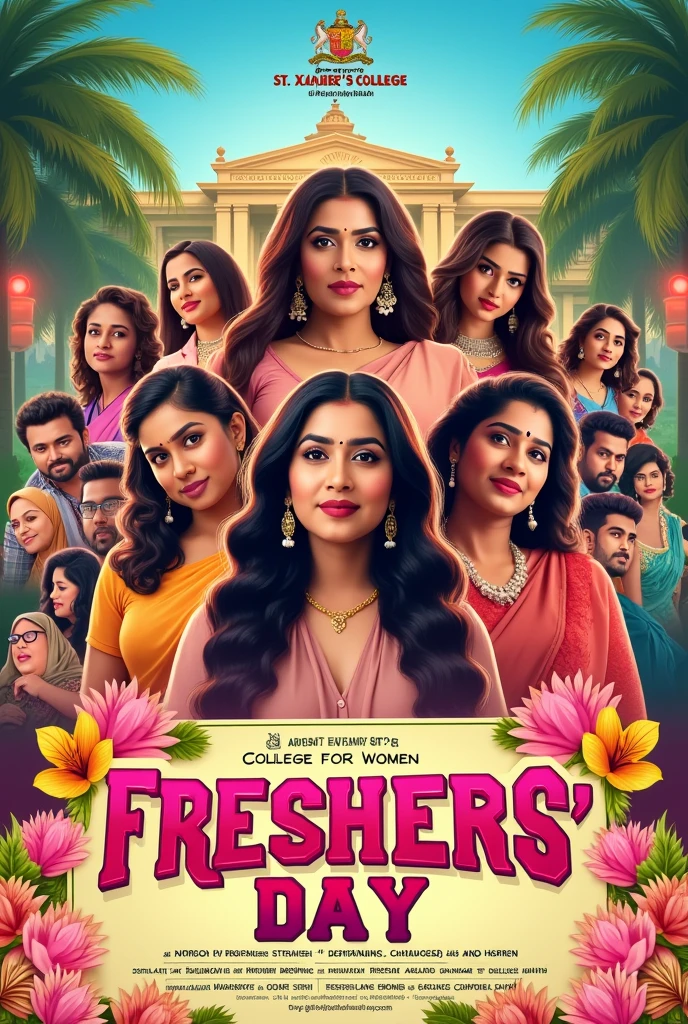 Create a poster heading should be st Xavier's college for womens freshers day with real  Malayalam comdey actress and actors .no logos no brandings