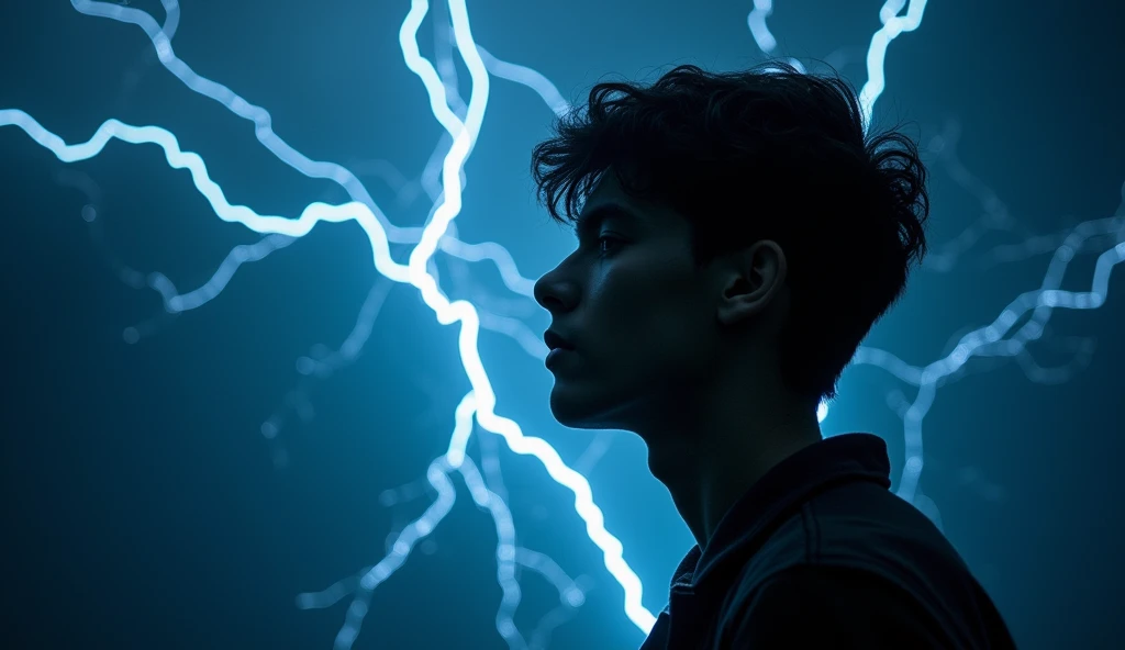 double lighting, clear and intricate lines of lightning streak across the night sky, illuminating the scene with electric light, as they branch out, the lines subtly intertwine to reveal the translucent silhouette of a young man's face,
creating a mesmerising contrast between the power of nature and ethereal beauty