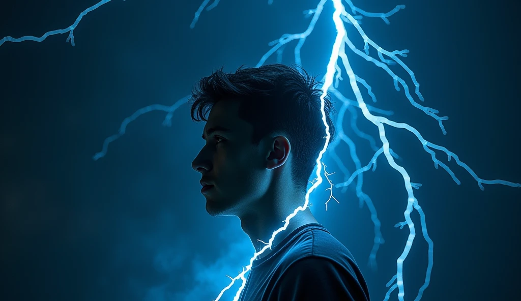 double lighting, clear and intricate lines of lightning streak across the night sky, illuminating the scene with electric light, as they branch out, the lines subtly intertwine to reveal the translucent silhouette of a young man's face,
creating a mesmerising contrast between the power of nature and ethereal beauty