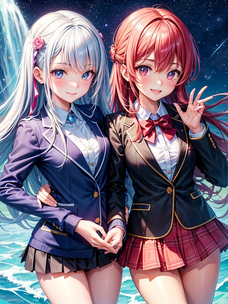 best quality，，smile，blazer，swimsuit，nepal，middle School girlultiple girls are depicted,harem，idol group，New Uniform，future，starry sky background，photo shoot，long hair，wearing a cardigan，beautiful girlの国，girl&#39;s paradise，highest quality，big breasts，leather jacket，happy girl,horny girl，Blue eyes，perfect face，standing position，She has her bangs down，fur jacket,Beautiful eyes，smooth hair，perfect eyes，beautiful girl，Angel Girl，multicolored hair colors，naughty girl，beautiful，High-dimensional beautiful girl，Multidimensional beautiful girl，gathering，Group、，classroom，School，