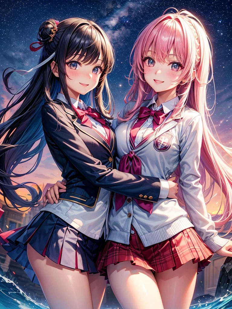 best quality，，smile，blazer，swimsuit，nepal，middle School girlultiple girls are depicted,harem，idol group，New Uniform，future，starry sky background，photo shoot，long hair，wearing a cardigan，beautiful girlの国，girl&#39;s paradise，highest quality，big breasts，leather jacket，happy girl,horny girl，Blue eyes，perfect face，standing position，She has her bangs down，fur jacket,Beautiful eyes，smooth hair，perfect eyes，beautiful girl，Angel Girl，multicolored hair colors，naughty girl，beautiful，High-dimensional beautiful girl，Multidimensional beautiful girl，gathering，Group、，classroom，School，