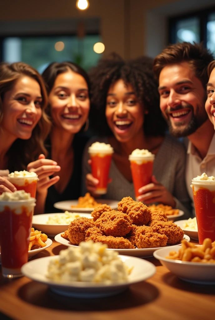 A group of people enjoying delicious food from KFC. Make a real picture out of it.