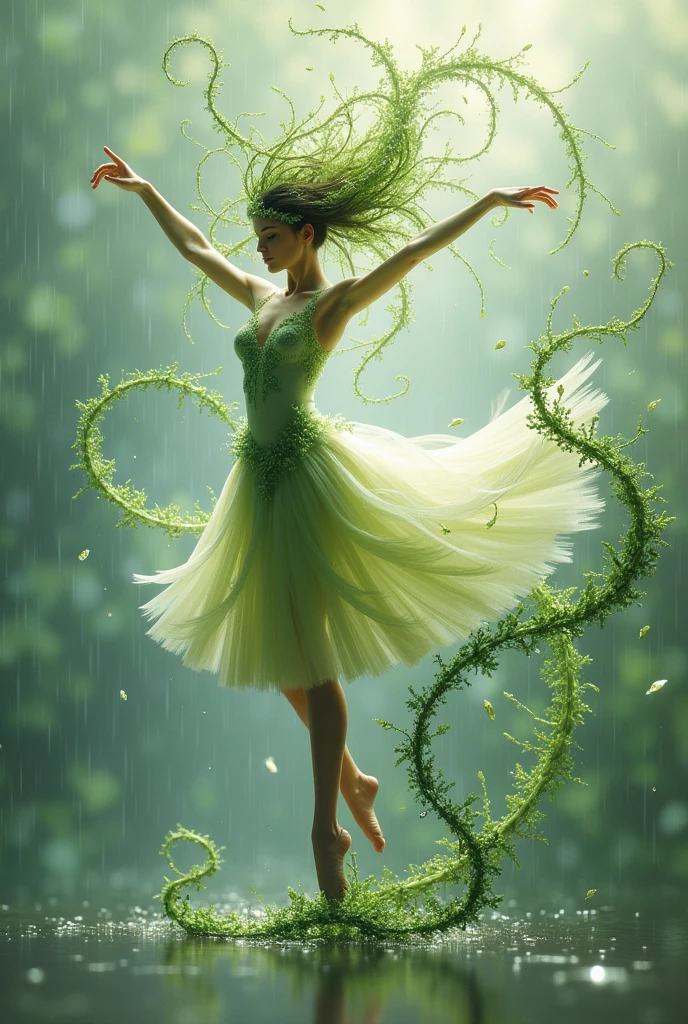 Delicate,intricate leaf resembling delicate brushes as tindrils of foliage swril around the figure blurring the lines between dancer and environment against a backdrop of gentle glistening raindrops 