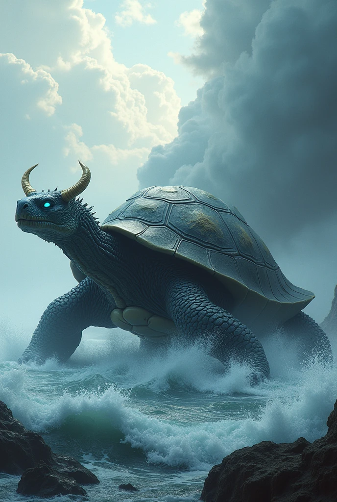 China-style,Chinese mythology,Dragon turtle,faucet,angled,Turtle body,Giant tortoiseshell shell,(Heavy tortoiseshell shell:1.4),The tail of the snake grows out,has horns on its head,cough,Ferocious,gargantuan,The eyes glow blue light,the sea,Huge waves,surrounded by cloud,The scene is,Full body like, highly detailed surreal vfx,oc rendered, - AR 16:9 --q 2 --s 1000