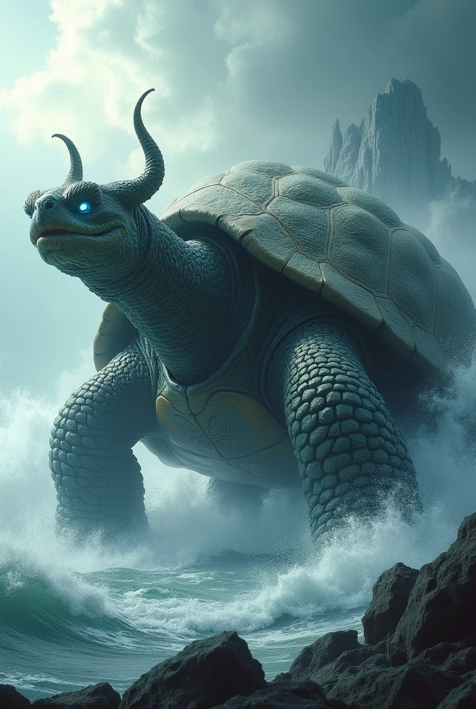 China-style,Chinese mythology,Dragon turtle,faucet,angled,Turtle body,Giant tortoiseshell shell,(Heavy tortoiseshell shell:1.4),The tail of the snake grows out,has horns on its head,cough,Ferocious,gargantuan,The eyes glow blue light,the sea,Huge waves,surrounded by cloud,The scene is,Full body like, highly detailed surreal vfx,oc rendered, - AR 16:9 --q 2 --s 1000