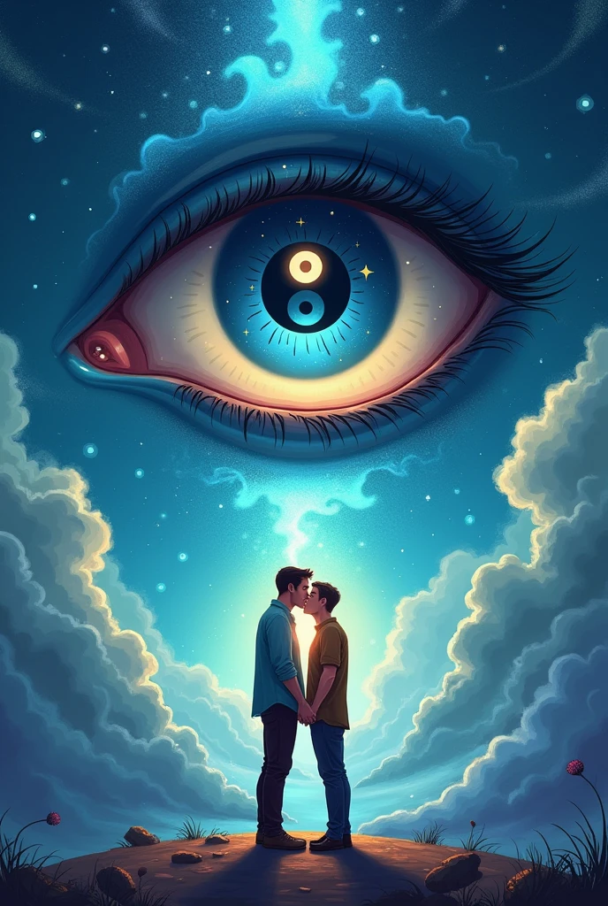 Create me a good book cover like the background is a some sort of the universe and in between or in any part, there is a big mysterious eye, and inside that eye, there is the symbol Yin Yang , and create a two men below the eye show that they are really In love Make it fantasy vibes and make it simple but artistic , emphasize the Yin Yang on the eye. Make it more cartoonish and make the book cover like a beginner but have a experience on art