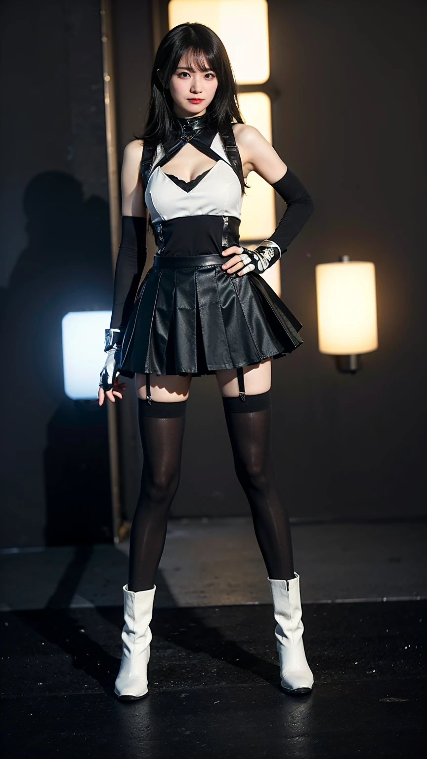 (8k、RAW Photos、Highest quality、masterpiece:1.2)、(Realistic、Realistic)、1 person、((black and white、Cleavage、tights、Gloves、Garter Ring、mini skirt、Thin legs、whole body、boots、View from the front、Looking into the camera、Black Room、Stand with hands on hips))、cute