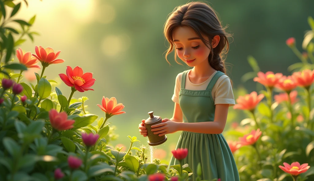 Lily Nurturing the Plants:Lily tending to the garden, watering plants or planting new flowers.Close-ups of her caring for the vibrant flowers and greenery.
3d animation ,disney and inspiration