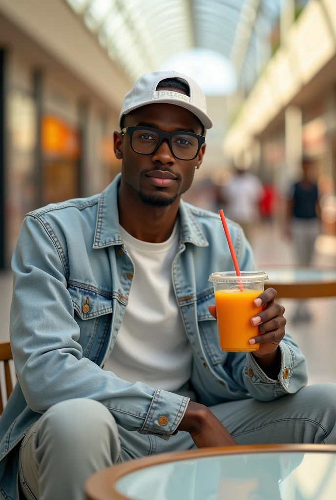 best qualityer:1.4), (ultra high resolution:1.2), (photorrealistic:1.4), (8k, CRU photo:1.2), a thin young man of 20 years old, skin black, with a smooth, beardless face, corte de cabelo buzzcut. He is wearing a white shirt and light jeans.. He is wearing a light denim jacket. is wearing a white cap. He is sitting at a mall table. thin build. 1,75cm tall. It's sunny. thin build. is looking at the camera. 1,75 cm tall. thin build. He is wearing black prescription glasses.. He is drinking orange juice with a straw. looking to the left