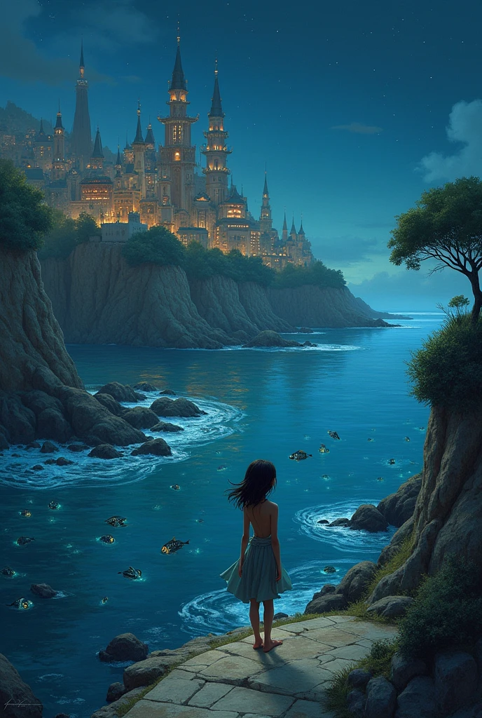 Fantasy city night city sea sky fish watching girl