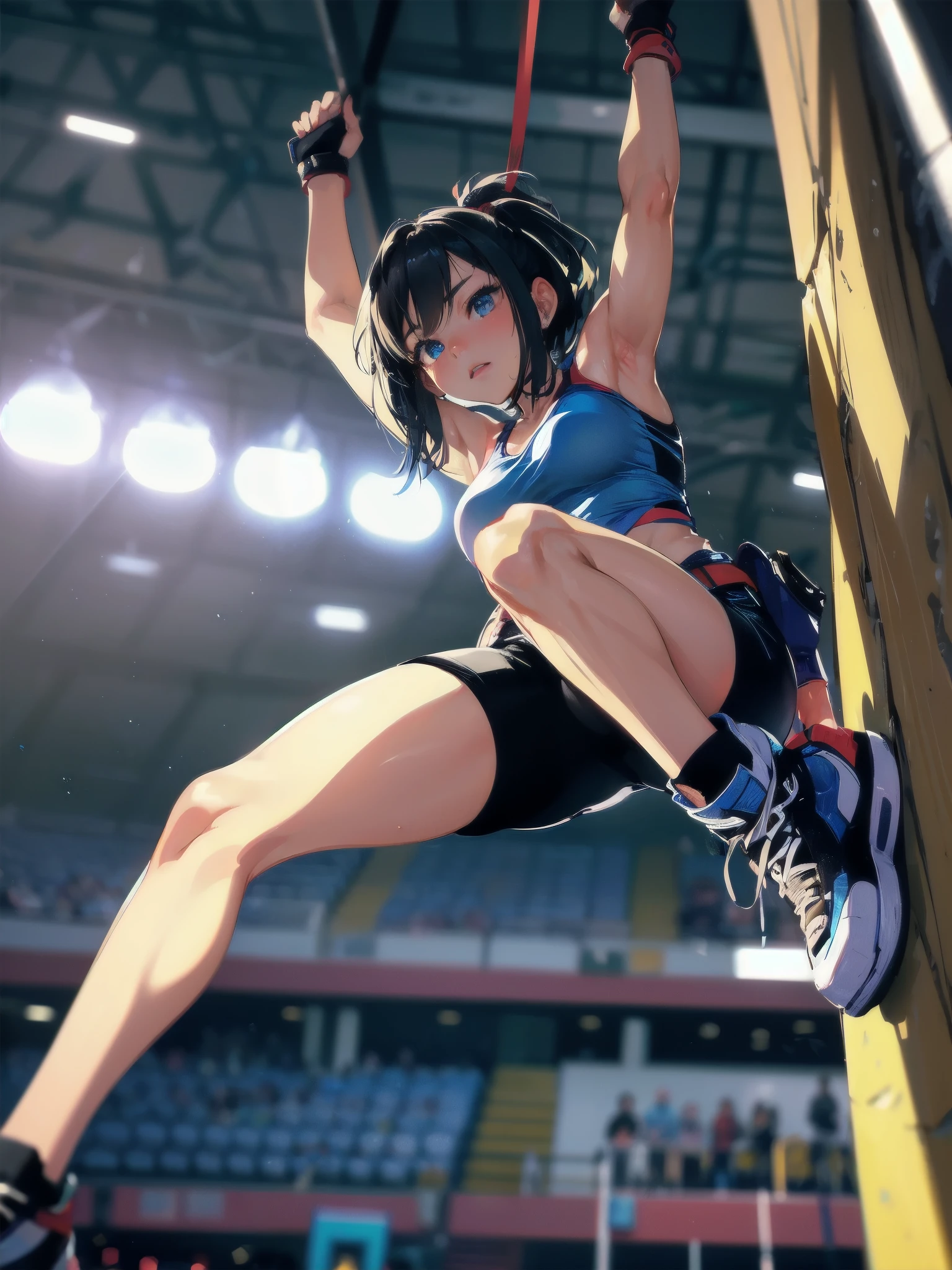 masterpiece, (textured skin), best quality, gorgeous beautiful girl, (a female sport climbing athlete), detailed clothes,large breasts,narrow waist,, (beautiful face), cinematic lighting, (at sport climbing venue ),