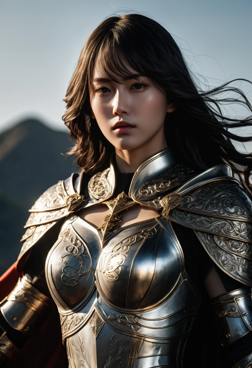 genius idol Akechi, long hair, black hair, subtle makeup, golden hour, photorealistic, high contrast, 8k HD, detailed, hyper-detailed, realistic skin texture, tiny breast, best quality, ultra high res, raw photo, dramatic lighting, unreal engine, diffuse glow intricate silver eaba, white imperial cape, spear, ((She grabbed her sword)), no helm, intricate details High Quality, 8k, Realistic, Ultra-Detailed, Dramatic Lighting, Soft Focus, Digital Illustration, Intense Expression, Strong Gaze, Intense Emotion, Complex Mechanics, Advanced Technology, Dark Background, Cinematic, High Contrast, Moody, Strict, Atmosphere, (Best Quality, 4k, 8k, High Definition, Masterpiece: 1. 2 ), ultra-detailed, (realistic, graphic, photorealistic:1.37) --no glass