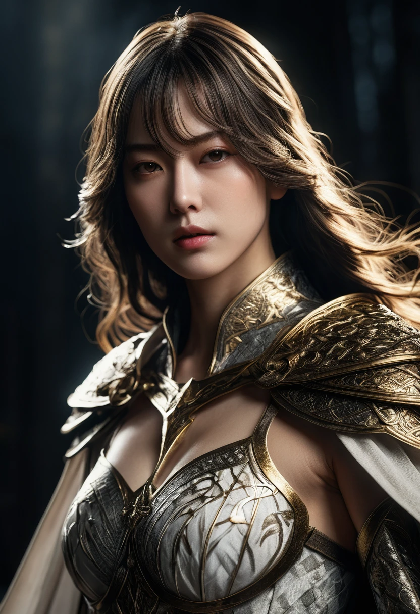 genius idol Akechi, long hair, black hair, subtle makeup, golden hour, photorealistic, high contrast, 8k HD, detailed, hyper-detailed, realistic skin texture, tiny breast, best quality, ultra high res, raw photo, dramatic lighting, unreal engine, diffuse glow intricate silver eaba, white imperial cape, spear, ((She grabbed her sword)), no helm, intricate details High Quality, 8k, Realistic, Ultra-Detailed, Dramatic Lighting, Soft Focus, Digital Illustration, Intense Expression, Strong Gaze, Intense Emotion, Complex Mechanics, Advanced Technology, Dark Background, Cinematic, High Contrast, Moody, Strict, Atmosphere, (Best Quality, 4k, 8k, High Definition, Masterpiece: 1. 2 ), ultra-detailed, (realistic, graphic, photorealistic:1.37) --no glass