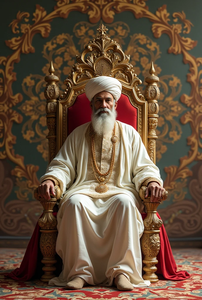 Create an image of Muslim King Mughal Emperor Aurangzeb sitting on peacock throne. Create horizontal image. He should be at a distance. 12 cm × 6 cm. In white clothes. Short bear and handsome. Wearing kings hat (Dastaar). Very old king. Horizontal big wallpaper. Peacock throne of shah jaha