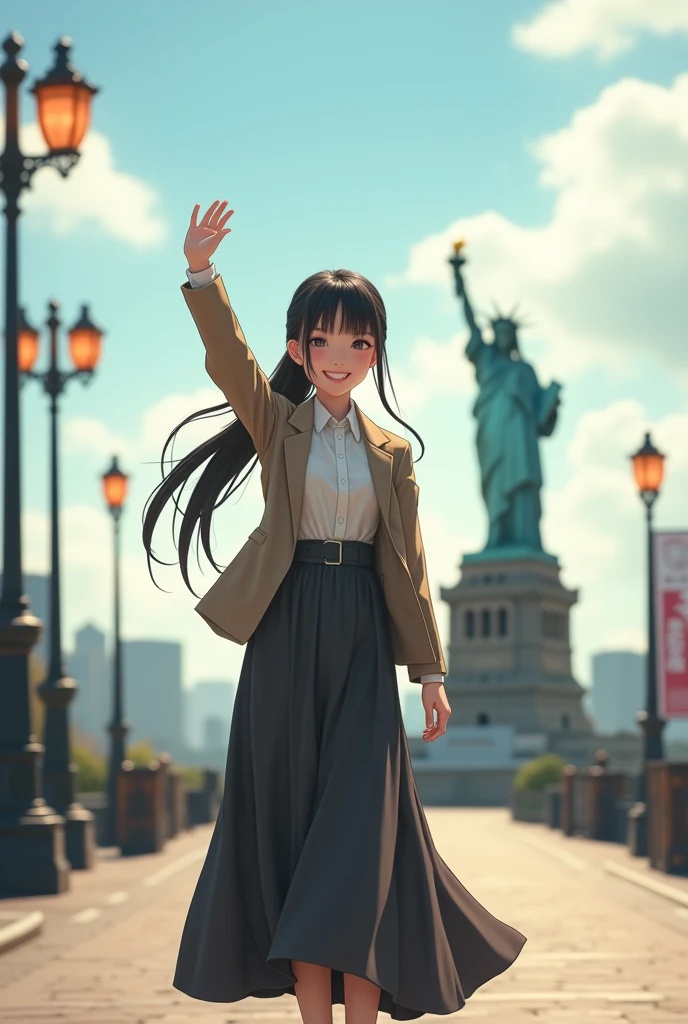 a young woman long black ponytale hair, wear outfit jacket with shawl neck, long skirt dress clothes, wear high shoes, standing while raise right hand up to people on middle between, natural, sweetly smile, happiness, his actress movie hollywood, lighting pole lamps, real hyper realistic, real human japanese, UHD 8k, detailed photo, perfect face, detailed places, landscape, full body, photo was taken from a distance on outdoor sidewalk the statue of liberty new york city