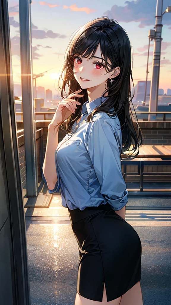 (masterpiece:1.2, Highest quality), (Realistic, photoRealistic:1.4), Beautiful illustrations, (Natural Side Lighting, Cinema Lighting),
View your viewers, (Extreme Close-up, From the side), 1 person, Japanese, student teacher, Perfect Face, (Perfect Anatomy), Cute and symmetrical face, Glowing Skin,
(Mid-length hair, Straight hair, Black Hair), Asymmetrical bangs, Dark red eyes, Long eyelashes, (Medium chest, Captivating thighs, Big Ass),
Beautiful Hair, Beautiful Face, Beautiful attention to detail, Beautiful clavicle, Beautiful body, Beautiful breasts, Beautiful thighs, Beautiful feet,
((Very detailed costume, Light blue collared shirt, Black tight skirt)),
(Beautiful views), Depth of written boundary, evening, (Schoolyard), walk, Clenched hands, (smile, Open your mouth),