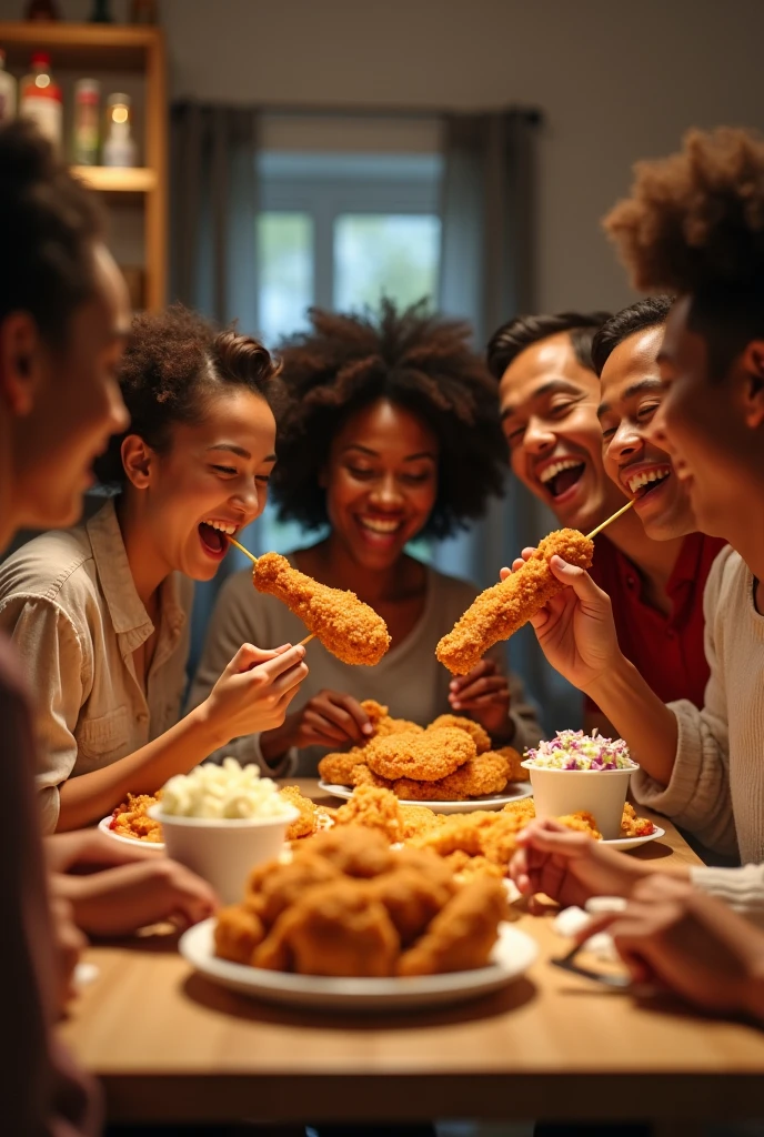 A group of people enjoying delicious food from KFC. Make a real picture out of it.