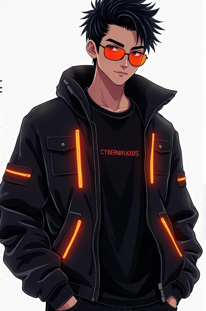 Create a digital illustration of a young man with spiky black hair, wearing a black jacket with glowing orange LED-like accents. He has a relaxed expression and is wearing reflective orange sunglasses. His hands are in his pockets, and he's dressed in a black T-shirt with subtle red text across the chest. The overall style is sleek and futuristic, with a neon cyberpunk vibe. The background is transparent, allowing the character to stand out boldly."
