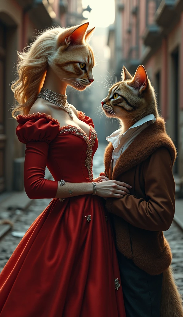 A female rich cat wearing a red dress and a diamond necklace and a poor cat falls in love with that rich cat, the poor cat is wearing torn clothes and ugly