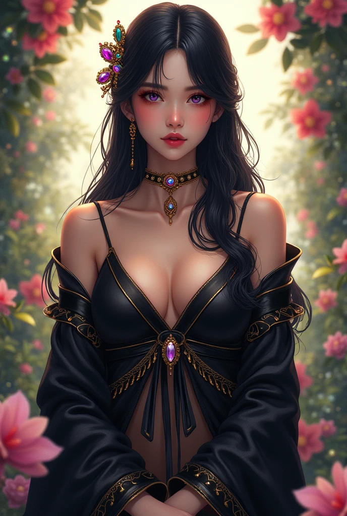 An extremely beautiful 20 year old girl., girl with a pretty little face, (( girl dressed in a black robe with gold trim: 1.2)), Super beautiful and detailed hair jewelry., Colorful gemstones, elegant pose, garden background, Soft lighting,vibrant colors, delicate facial features, jet black long hair, big and round breasts, purple eye pupils, round breasts, The platinum round eyes are beautiful and super detailed.., ((red orange makeup eyeshadow: 0.6)) mouth closed tightly, dream atmosphere, girl with a well-proportioned body, ((Sexy sitting position: 1.5)), ((puts the girl's hands together behind her back: 1.2)), ethereal beauty, proud expression, He clasped the queen's hands behind his back.., surprisingly elegant, charming and enchanting, Attention to details, majestic and majestic, fairy tale atmosphere,1 girl, 1 alone, (((Front portrait:0.8)))."