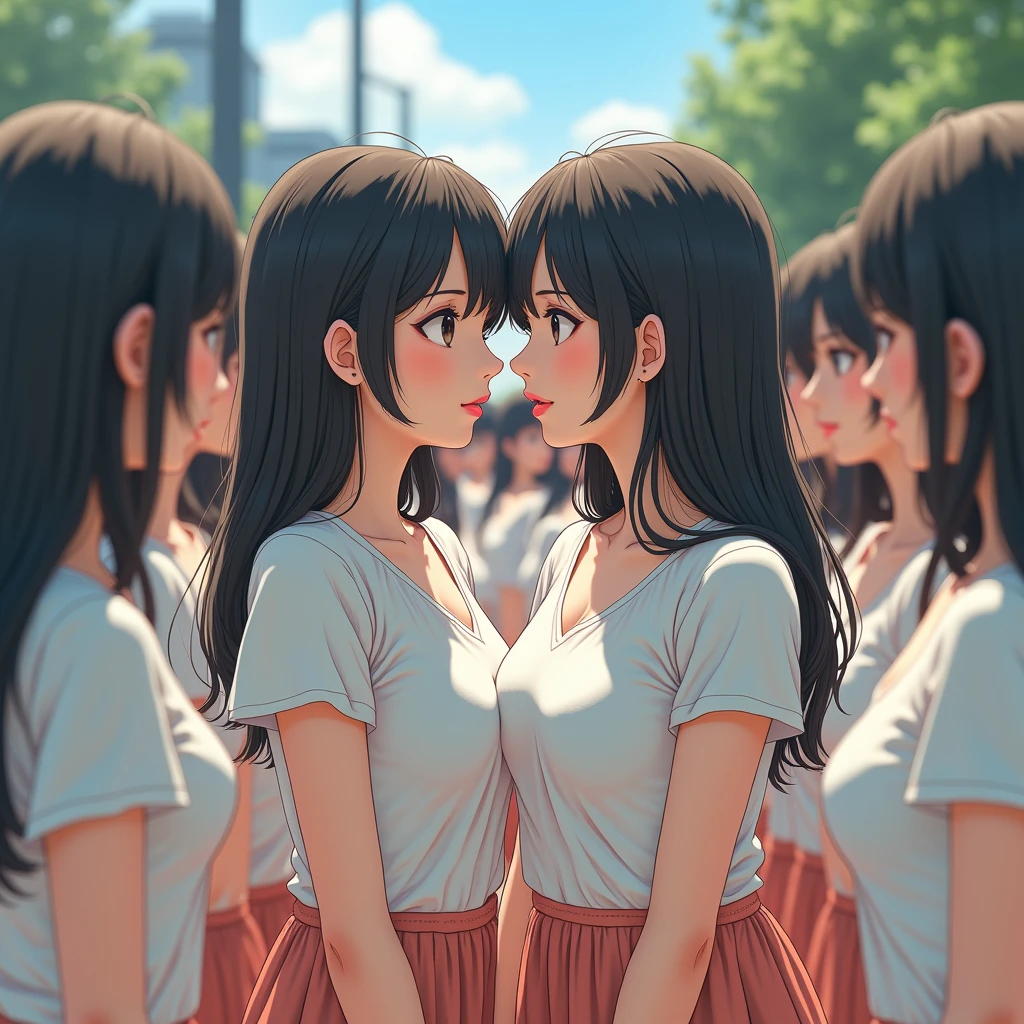 (Japanese Clone-girls=Myself), (Super Best masterpiece Clone-girls Raw Photography Art), (16K, Highest quality, Ultra-high resolution, RAW Photos), (It's so unrealistic., With unparalleled depiction, With an unfathomable sight, An unprecedented and shocking worldview, Clone-girls: In a world of mass reproduction, Ultra-realistic), (Japanese Girls, Sasaki Nozomi, 26yo, Small face, Thick black hair, long hair, Dark Eyes, Mature face, Cute Smile, Smiling face, A gentle gaze, Very pleasant look), (Very beautiful detailed girls, Accurate body structure, Accurate body movements, Very detailed body, (Super big breasts, Large bulge of ample breasts)), (Summer casual clothes, Short sleeve, mini skirt, hour々I can see your pants, Cleavage Emphasis, Emphasise the fullness of your breasts), (Very detailed, Myself cloning, Depiction of splitting oneself, 1Myself girl→1,000,000,000,000,000,000,000,000,000,000Myself cloning girls), (Very detailed and intricate, Myself clone-girlsから, Myself's body is multiplying, A perfectly matched depiction, (In the same female body,With the same face, With the same hairstyle, In the same clothes, At the same height, 同じSuper big breastsである)), (1,000,000,000,000,000,000,000,000,000,The number has increased to over 10,000.), (Myself girls only), (1,000,000,000,000,000,000,000,000,000,000,000,000,000,000,000,000,000,000,000,000,000,000Myself girls), (Very detailed描写で, Physical contact), (Very detailed depiction, Clear and accurate perspective depiction, Ultra-wide field of view, Focus on the average value of the image, Illuminated from the front by a soft, bright light), hug, kiss, Chest to Chest, Happy laughter