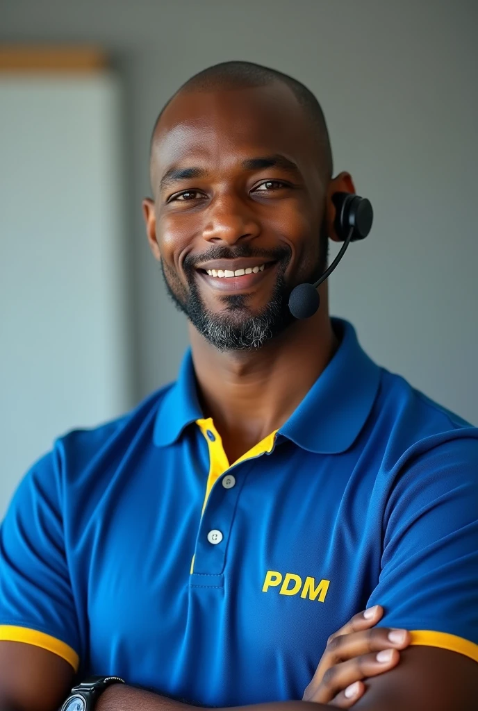 Black adult man, with little hair, Cao Cao, small smile, with lapel headset, wearing blue polo shirt with yellow collar small mouth shirt with "PDM" of print