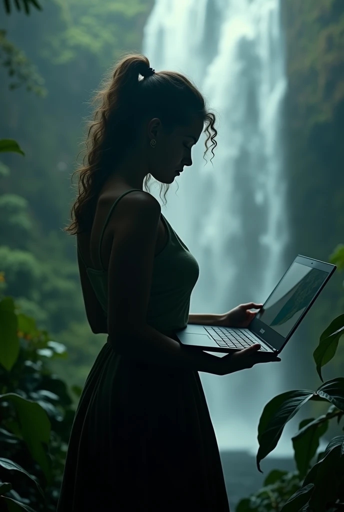 Take acer on adventure,Acer notebook main point, portrait of surreal woman while holding acer notebook, surrealist,high quality, silhouette, cinematic, low-key, paradise fall in background, jungle flower in foreground