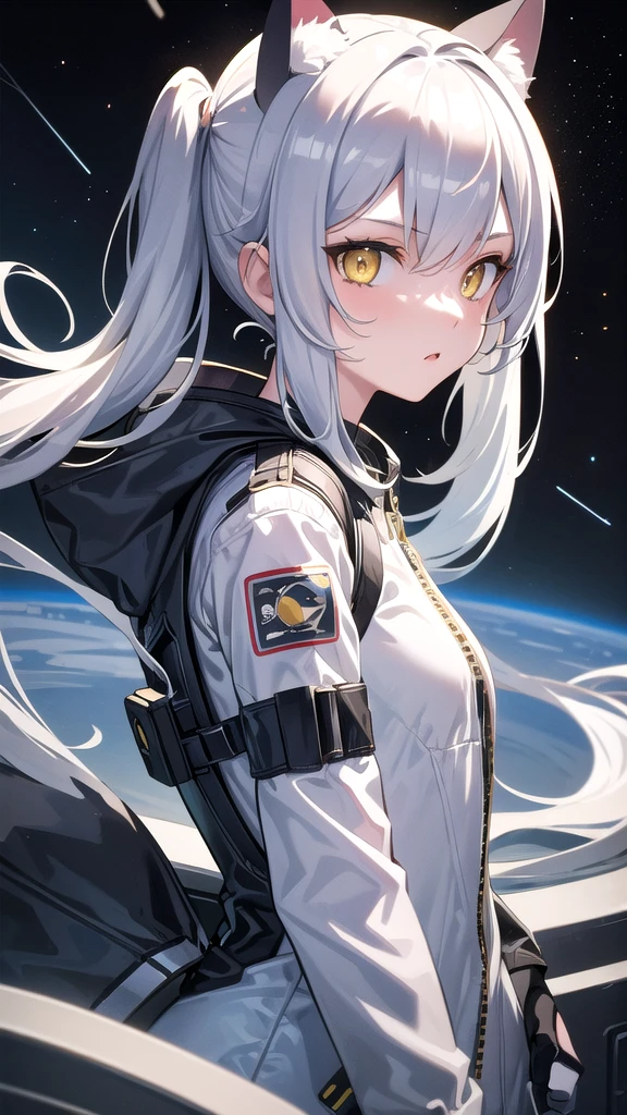 masterpiece, best quality, 1girl, spacecraft interior, spacesuit, upper body, from side, science fiction, yellow eyes, twintails, silver hair, cat ears, looking at viewer,