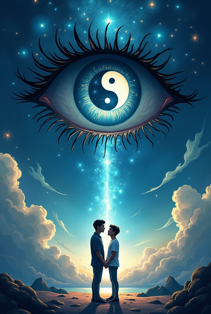 Create me a good book cover like the background is a some sort of the universe and in between or in any part, there is a big mysterious eye, and inside that eye, there is the symbol Yin Yang , and create a two men below the eye show that they are really In love Make it fantasy vibes and make it simple but artistic , emphasize the Yin Yang on the eye. Make it more cartoonish and make the book cover like a beginner but have a experience on art