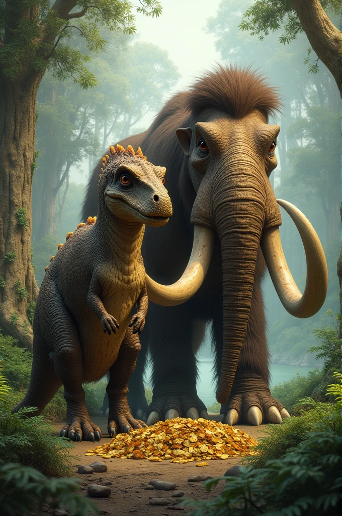 Create an image of a dinosaur named Dinotanzario and his mammoth friend named Manuel who learned that wealth is not forever