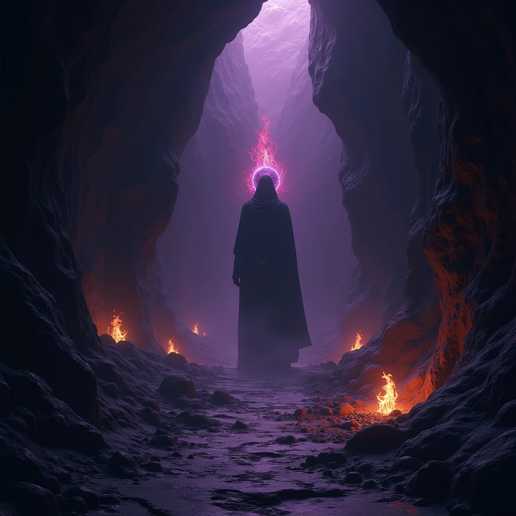 "Design a mysterious and profound image of Hades. Show depth and transformation with symbols like dark caves, hidden treasures, and shadowy figures. Use dark colors like deep purple and black to evoke mystery and introspection, 4k."