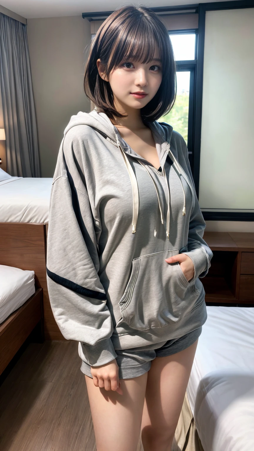 masterpiece, best quality, illustration, Super detailed, fine details, High resolution, 8K,wall paper, perfect dynamic composition,(Details High quality, realistic depiction of eyes:1.3), (Oversized Light Gray Hoodie:1.2), Erotic Shorts, big breasts, short bob hair、black hair color, Big Natural Color Lip, bold sexy pose, (perfect body shape), crying a little、Harajuku style、20 year old girl、cute type、lolita、beautiful legs, hotel room, gravure idol