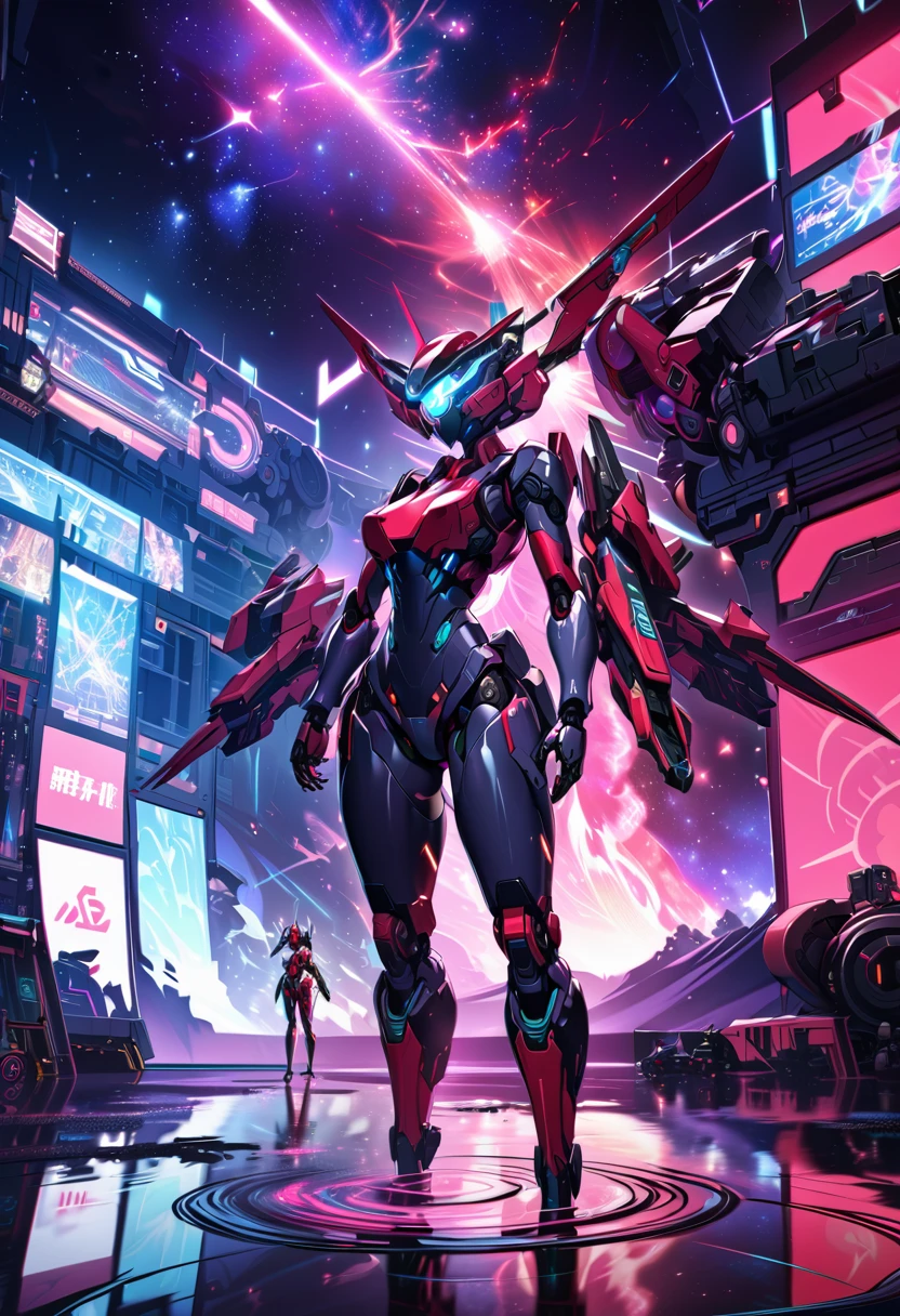 masterpiece,best quality,ultra-detailed,very detailed illustrations,extremely detailed,intricate details,highres,super complex details,extremely detailed 8k cg wallpaper,cowboy shot, caustics,reflection,ray tracing,demontheme,nebula,dark aura,cyber effect, (1girl:1.4),solo,alone,mecha musume,mechanical parts, robot joints,single mechanical arm, headgear, mechanical halo,star halo,intricate mechanical bodysuit, mecha corset, full armor, very long hair,white hair, hair between eyes, multicolored hair, colored inner hair, red eyes,glowing eye,eye trail, random expressions,random action, ancient japanese architecture,pond, starry sky,skyline,