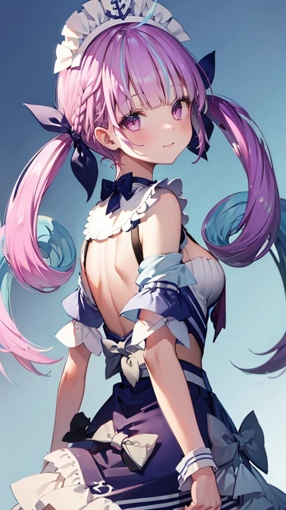 (Highest quality:1.2), (Very detailed:1.2),(masterpiece:1.2),(8k:1.2),(Blessed,Captivating body、Very beautiful eyes、Very detailed肌、Very detailed顔,Detailed Background), aaaqua, twintails, drill hair, maid headdress, cleavage, short sleeves, wrist cuffs, (summer background,Blue Sky background:1.3),(Gentle smile)、farewell、graduation, (looking back:1.2)