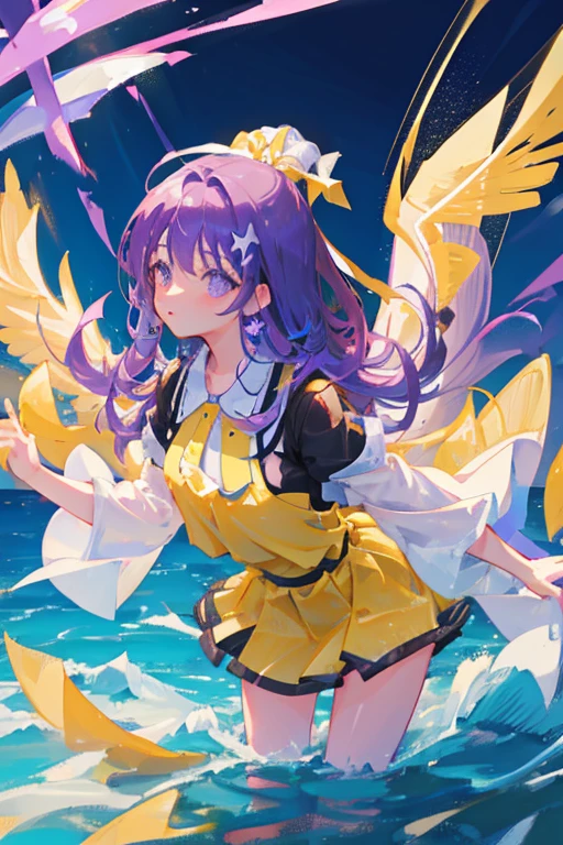 Girl power of water. purple hair. Yellow Wings. White top and black dress
