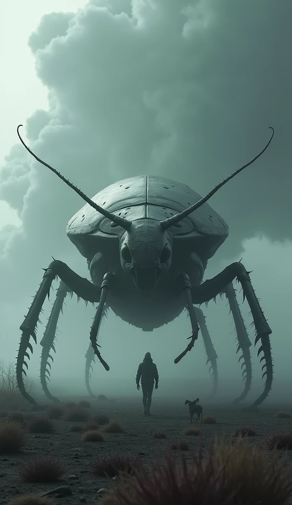 Gigantic cockroach walking across a plain in the distance amid fog, haze, haze, dark clouds, grimdark ,supense, monstr, unearthly, octan render, engine unreal, photorrealistic, hyper realism, highy detailed, high qualiy, intrincately detailed,Volumetric lighting, full character, 4K, ,hard disk ,Full HD, 8k, RTX, high resolution, detailed shadows, incredibily detailed, perfect, Dramatic scale