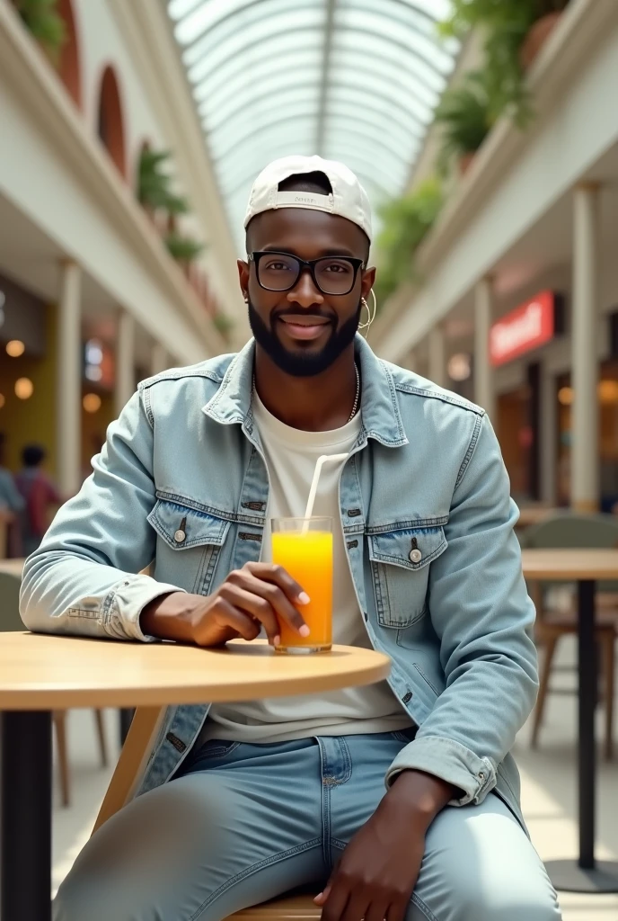 best qualityer:1.4), (ultra high resolution:1.2), (photorrealistic:1.4), (8k, CRU photo:1.2), a thin young man of 20 years old, skin black, with a smooth, beardless face, corte de cabelo buzzcut. He is wearing a white shirt and light jeans.. He is wearing a light denim jacket. is wearing a white cap. He is sitting at a mall table. thin build. 1,75cm tall. It's sunny. thin build. is looking at the camera. 1,75 cm tall. thin build. He is wearing black prescription glasses.. He is drinking orange juice with a straw. looking to the left