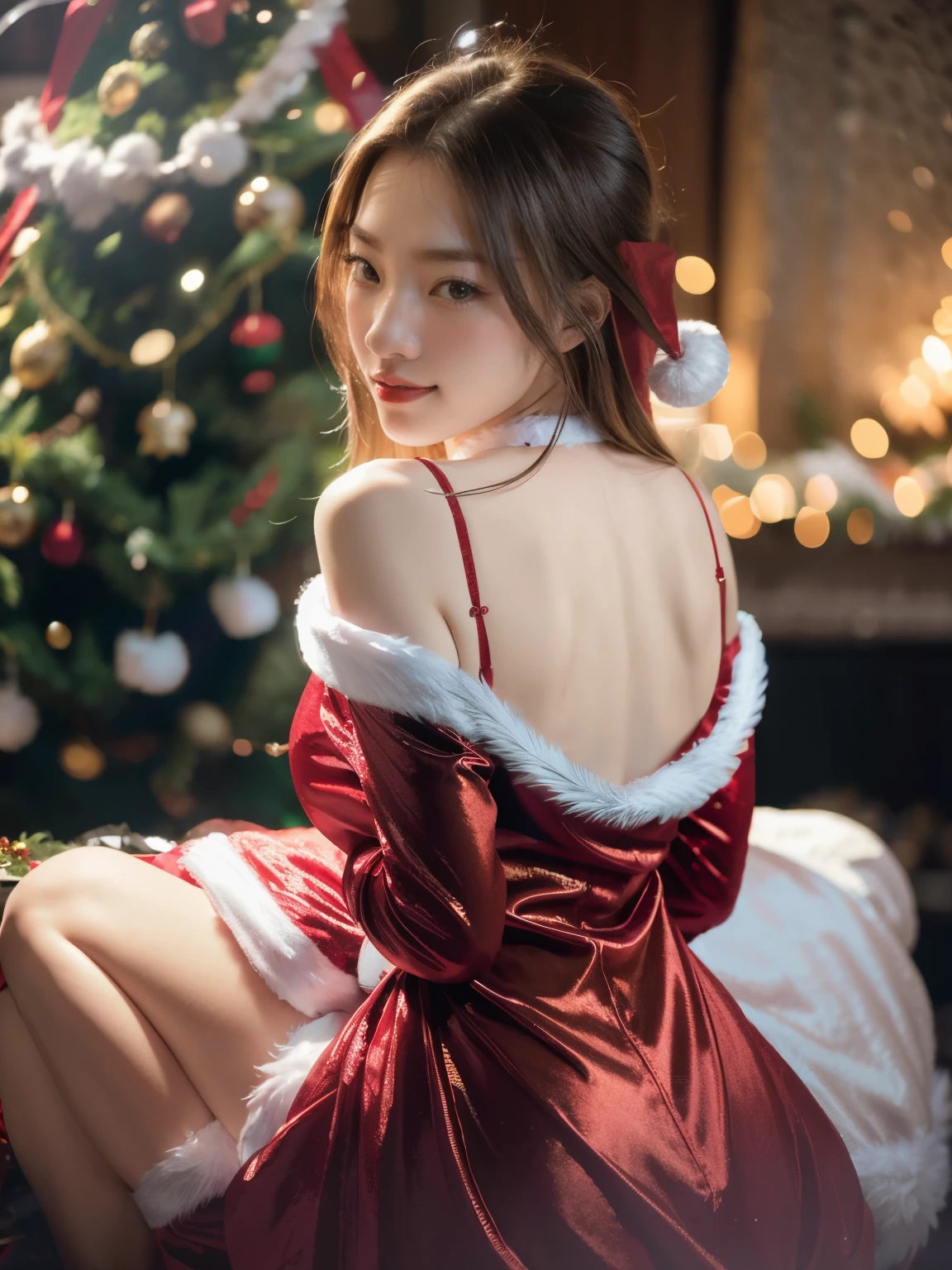 masterpiece, best quality, ultra-detailed, illustration,1girl, looking at viewer, best quality,depth of field,(closed mouth,light smile,blue eyes:1.1),beautiful detailed glow , (santa costume:1.3),(hands behind back:1.3),(arms behind back:1.3),blaze (arknights),   