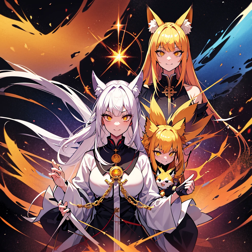 Sharp Yellow multi-colored Eyes, Exaggerated evil facial expressions , (masterpiece), best quality, 1 girl, bright Blonde hair, multi-colored hair , Wear Japanese Fox Mask, space theme, White particles, wallpaper, Clerical White Cope Vestment Chasuble, Warped Evilness Smile , Cosmic horror , Anime , HD , Goddess , nine tail Fox , Floating Trinity Spear , Cute Smile