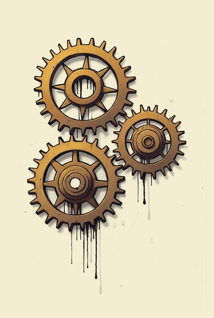 Make a picture of three gears, two big one small connected, steam punk style drawing, with drawing strokes, with thicker lines as if it were a drawing, digital drawing, animated cartoon, without drops