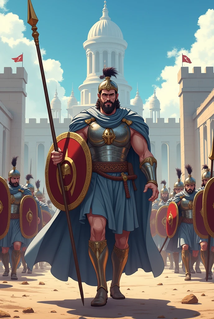 Greek king, ((anime styling)) ,with iron armor, ((gray colored clothing)), holding a spear and a shield, shield with a claw symbol, leading army to protect the city.