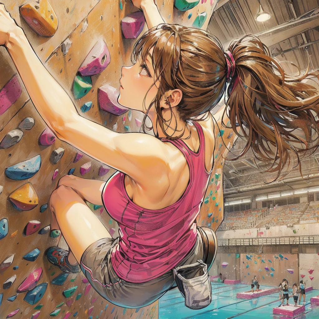 masterpiece, (textured skin), best quality, gorgeous beautiful girl, (a female sport climbing athlete), detailed clothes,large breasts,narrow waist,, (beautiful face), cinematic lighting, (at sport climbing venue ),