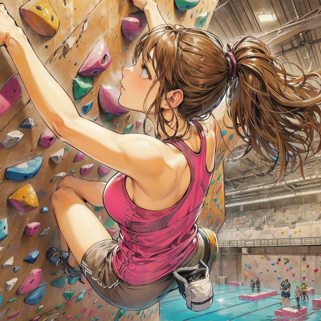 masterpiece, (textured skin), best quality, gorgeous beautiful girl, (a female sport climbing athlete), detailed clothes,large breasts,narrow waist,, (beautiful face), cinematic lighting, (at sport climbing venue ),