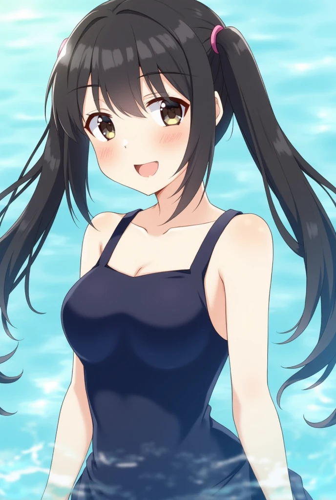 cute, , Primary school students, Black Hair, Twin tails, Navy blue school swimsuit, Medium Bust, smile, Glowing Skin